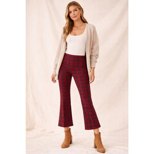 Anthro Maeve Margot Kick Flare Pants XSP Red Plaid Cropped Pull On Stretch